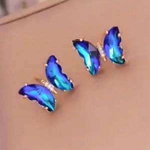 New butterfly earrings in blue & purple & glass rhinestone centre Vintage-style